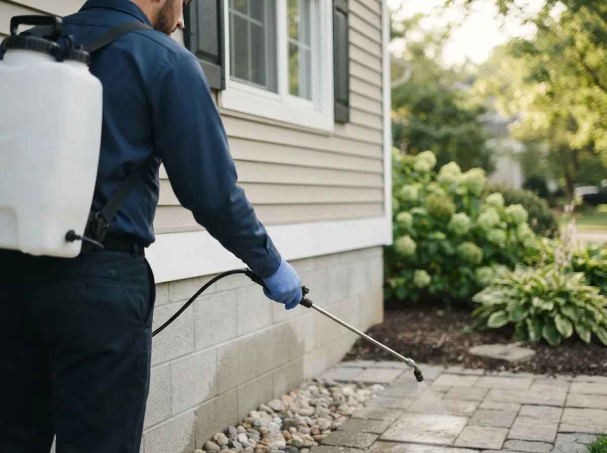 Pest control technician inspecting a home in Brattleboro, VT